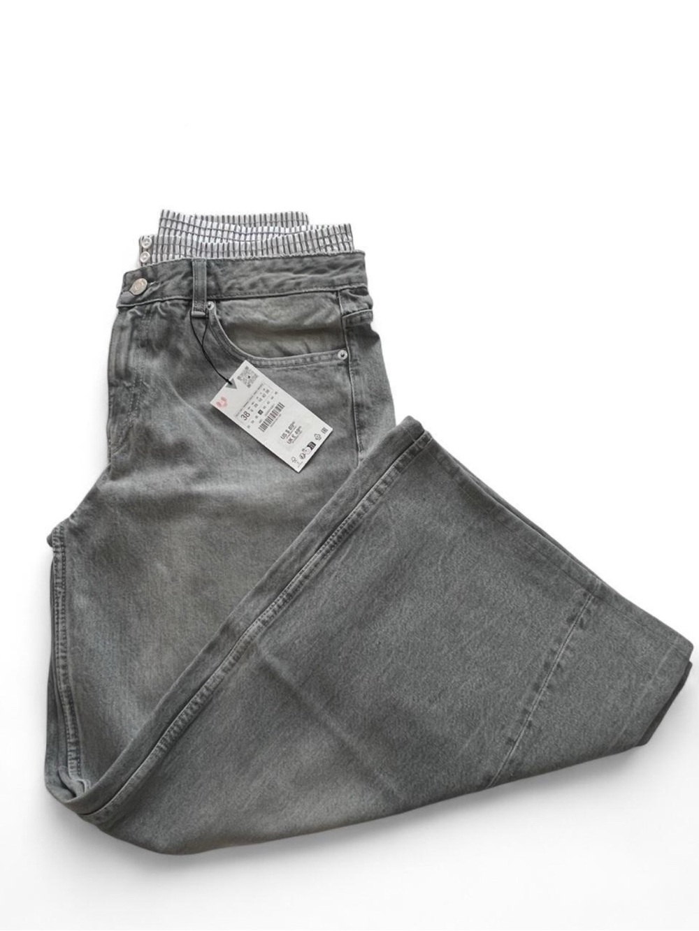 Zara gray wide leg jeans with double waist pinstripe boxer NWT size 6